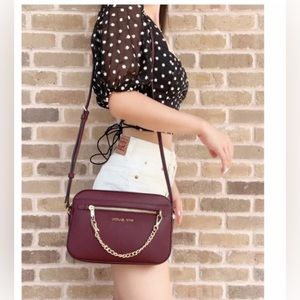 MICHAEL KORS JET SET LARGE ZIP CHAIN CROSSBODY BAG TOTE MK CHERRY MERLOT LEATHER